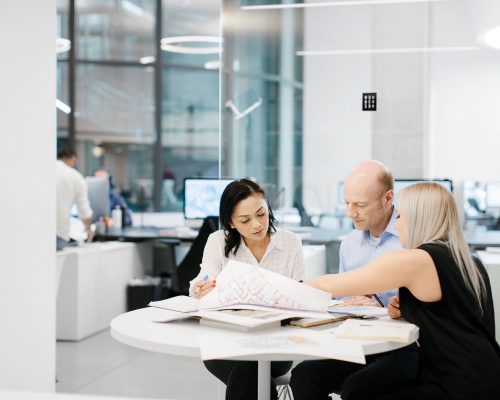 Henriquez Partners Architects at work in their office at the Telus Garden tower in Vancouver, BC