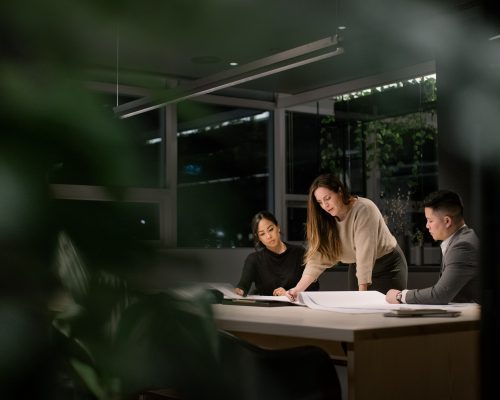 Female manager meets with her team in modern conference room